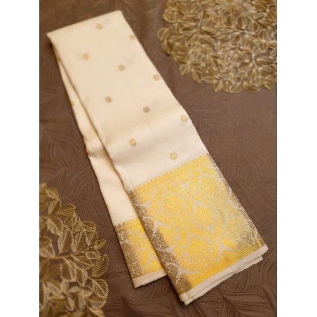 2G Pure Kanjivaram Silk Saree | Ivory Cream with Rich Gold Zari Border - Prahla Silks