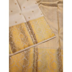 2G Pure Kanjivaram Silk Saree | Ivory Cream with Rich Gold Zari Border - Prahla Silks