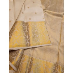 2G Pure Kanjivaram Silk Saree | Ivory Cream with Rich Gold Zari Border - Prahla Silks