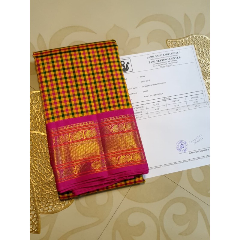 4G Pure Kanjivaram Silk Saree – Rose Yellow & Green Checks with Pink Gold Zari Border
