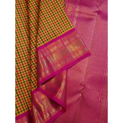 4G Pure Kanjivaram Silk Saree – Rose Yellow & Green Checks with Pink Gold Zari Border