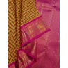 4G Pure Kanjivaram Silk Saree – Rose Yellow & Green Checks with Pink Gold Zari Border