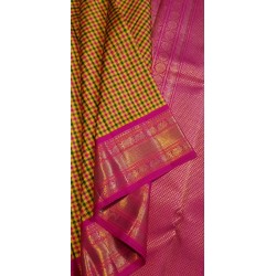 4G Pure Kanjivaram Silk Saree – Rose Yellow & Green Checks with Pink Gold Zari Border
