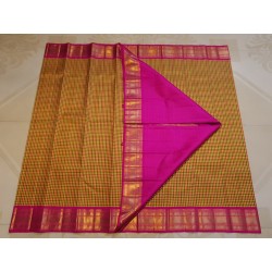 4G Pure Kanjivaram Silk Saree – Rose Yellow & Green Checks with Pink Gold Zari Border