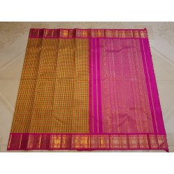 4G Pure Kanjivaram Silk Saree – Rose Yellow & Green Checks with Pink Gold Zari Border