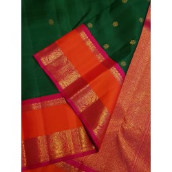 4G Pure Kanjivaram Silk Saree – Green with Orange Border & Gold Zari
