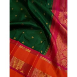 4G Pure Kanjivaram Silk Saree – Green with Orange Border & Gold Zari