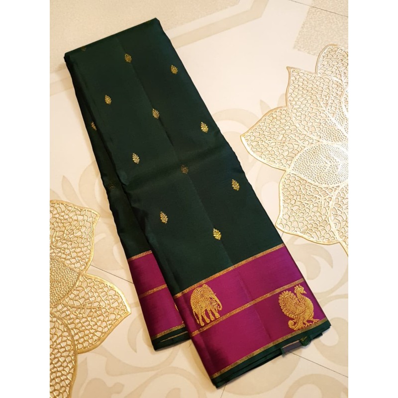2G Pure Kanjivaram Silk Saree – Bottle Green & Rani Pink with Gold Zari Border