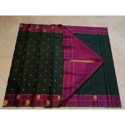 2G Pure Kanjivaram Silk Saree – Bottle Green & Rani Pink with Gold Zari Border
