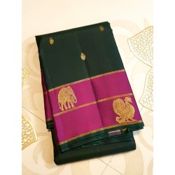 2G Pure Kanjivaram Silk Saree – Bottle Green & Rani Pink with Gold Zari Border