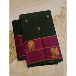2G Pure Kanjivaram Silk Saree – Bottle Green & Rani Pink with Gold Zari Border