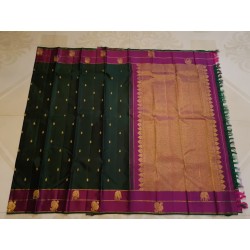 2G Pure Kanjivaram Silk Saree – Bottle Green & Rani Pink with Gold Zari Border