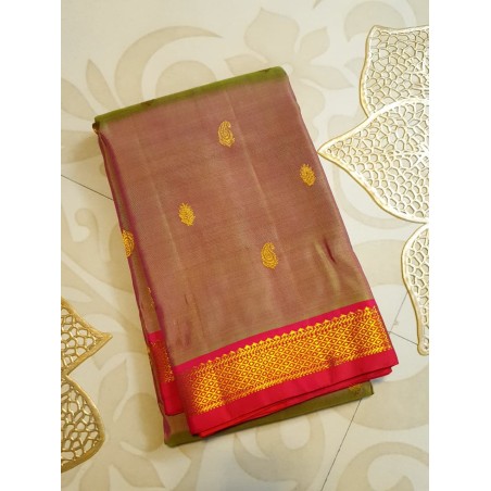 Pure Kanjivaram Silk Saree in Green Brown with Gold Zari Buttas & Red Border
