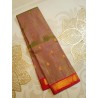 Pure Kanjivaram Silk Saree in Green Brown with Gold Zari Buttas & Red Border
