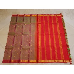 Pure Kanjivaram Silk Saree in Green Brown with Gold Zari Buttas & Red Border