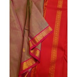 Pure Kanjivaram Silk Saree in Green Brown with Gold Zari Buttas & Red Border