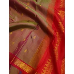 Pure Kanjivaram Silk Saree in Green Brown with Gold Zari Buttas & Red Border