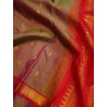 Pure Kanjivaram Silk Saree in Green Brown with Gold Zari Buttas & Red Border