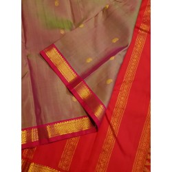 Pure Kanjivaram Silk Saree in Green Brown with Gold Zari Buttas & Red Border