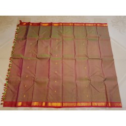 Pure Kanjivaram Silk Saree in Green Brown with Gold Zari Buttas & Red Border