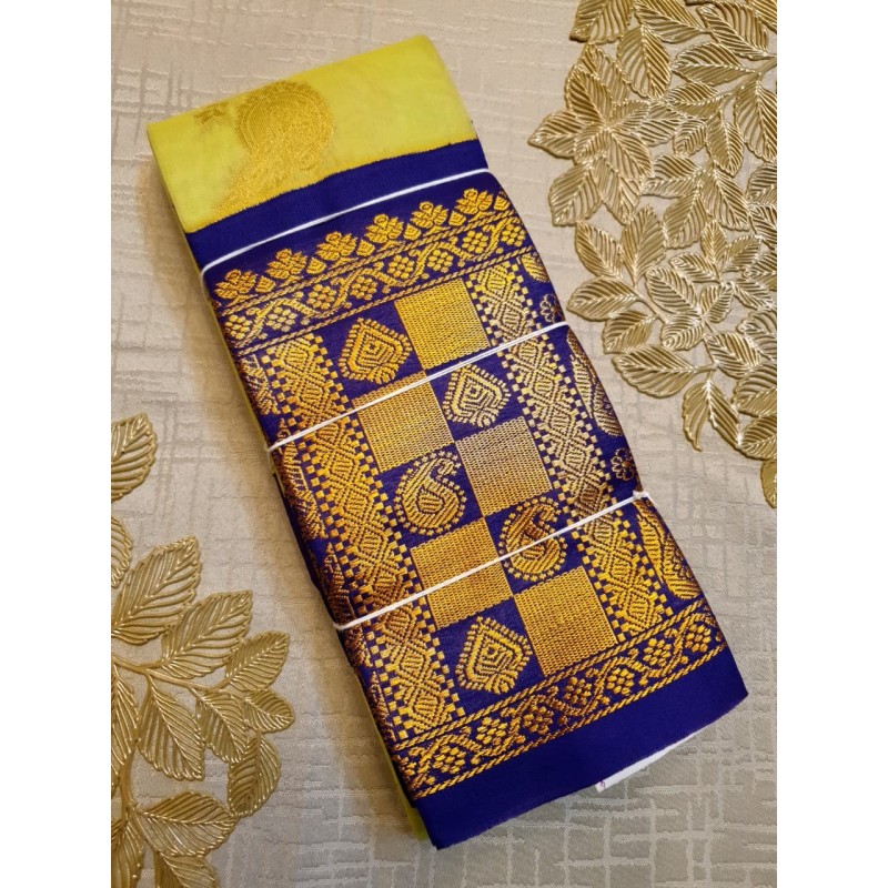 Premium Silkcotton Sarees with Yellow body with Royal Blue border
