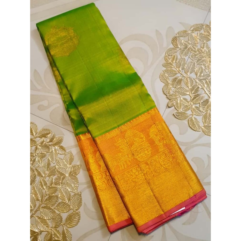 2G Pure Kanjivaram Silk Saree Green with Orange Pallakku Border | Traditional Bridal Wear | Prahla Silks