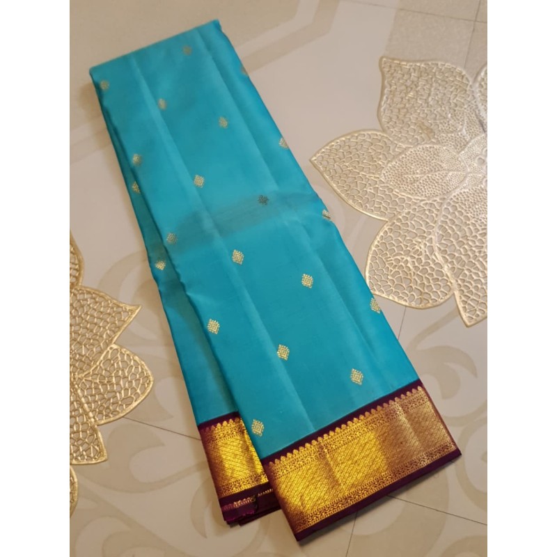 2G Pure Kanjivaram Silk Saree – Turquoise Blue with Majenta Gold Zari Border | Bridal Wear
