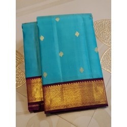 2G Pure Kanjivaram Silk Saree – Turquoise Blue with Majenta Gold Zari Border | Bridal Wear