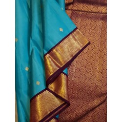 2G Pure Kanjivaram Silk Saree – Turquoise Blue with Majenta Gold Zari Border | Bridal Wear