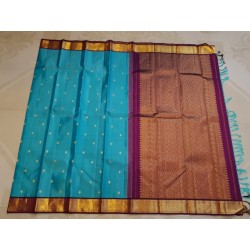 2G Pure Kanjivaram Silk Saree – Turquoise Blue with Majenta Gold Zari Border | Bridal Wear