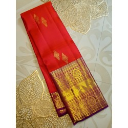 2G Pure Kanjivaram Silk Saree with Buttas and Grand Zari Border- Coral red | Prahla Silks