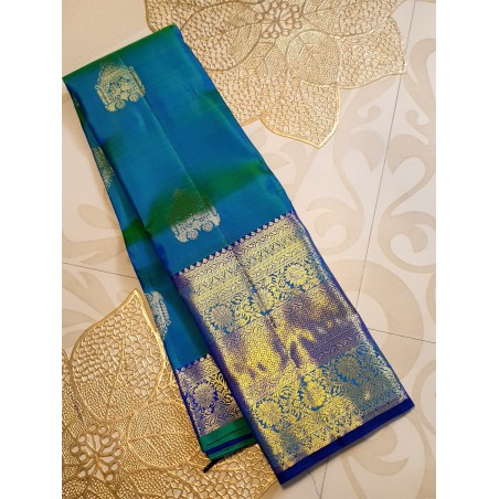 2G Pure Kanjivaram Silk Saree with Buttas and Grand Zari Border- Peacock Blue | Prahla Silks
