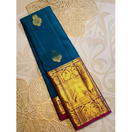 2G Pure Kanjivaram Silk Saree with Buttas and Grand Zari Border- Peacock Blue | Prahla Silks