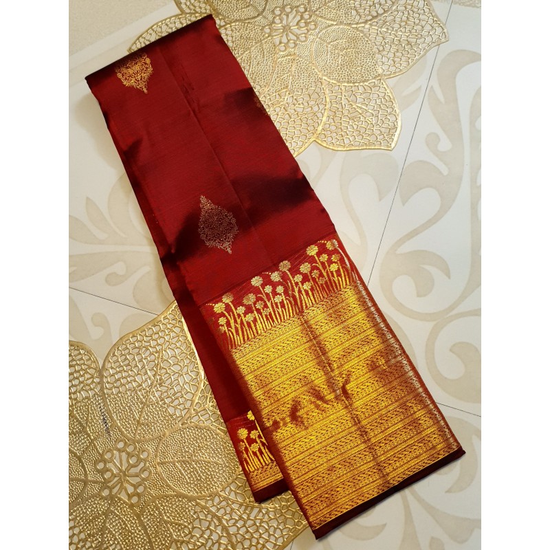 2G Pure Kanjivaram Silk Saree with Buttas and Grand Zari Border- Maroon | Prahla Silks