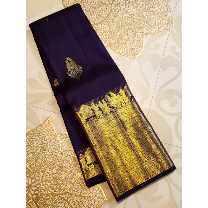 2G Pure Kanjivaram Silk Saree with Buttas and Grand Zari Border- Navy Blue | Prahla Silks