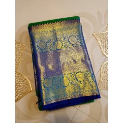 2G Pure Kanjivaram Silk Saree with Buttas and Grand Zari Border- Peacock Blue | Prahla Silks