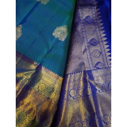 2G Pure Kanjivaram Silk Saree with Buttas and Grand Zari Border- Peacock Blue | Prahla Silks
