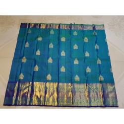 2G Pure Kanjivaram Silk Saree with Buttas and Grand Zari Border- Peacock Blue | Prahla Silks
