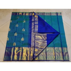 2G Pure Kanjivaram Silk Saree with Buttas and Grand Zari Border- Peacock Blue | Prahla Silks