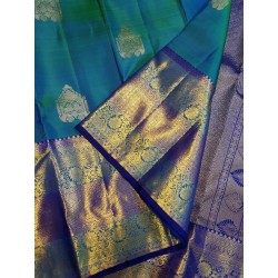 2G Pure Kanjivaram Silk Saree with Buttas and Grand Zari Border- Peacock Blue | Prahla Silks