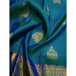 2G Pure Kanjivaram Silk Saree with Buttas and Grand Zari Border- Peacock Blue | Prahla Silks