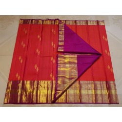 2G Pure Kanjivaram Silk Saree with Buttas and Grand Zari Border- Coral red | Prahla Silks