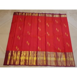 2G Pure Kanjivaram Silk Saree with Buttas and Grand Zari Border- Coral red | Prahla Silks