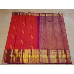 2G Pure Kanjivaram Silk Saree with Buttas and Grand Zari Border- Coral red | Prahla Silks