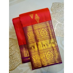 2G Pure Kanjivaram Silk Saree with Buttas and Grand Zari Border- Coral red | Prahla Silks