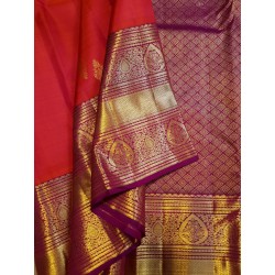 2G Pure Kanjivaram Silk Saree with Buttas and Grand Zari Border- Coral red | Prahla Silks