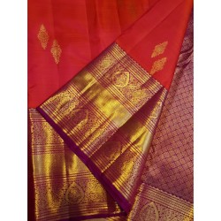 2G Pure Kanjivaram Silk Saree with Buttas and Grand Zari Border- Coral red | Prahla Silks