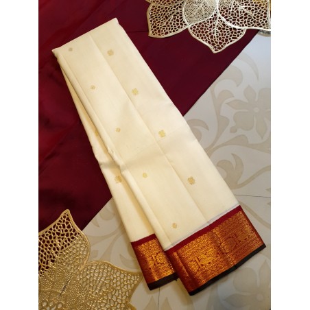 2G Pure Kanjivaram Silk Saree – Off-White & Chilli Red with Korvai Border