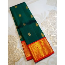 2G Pure Kanjivaram Silk Saree Bottle Green with Chilly Red Border & Peacock Butta | Prahla Silks