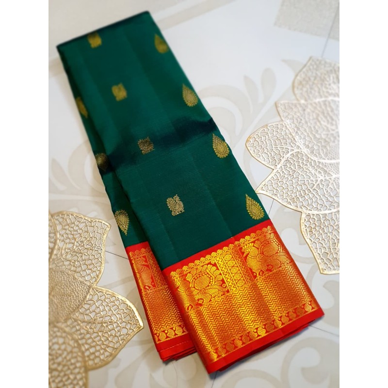 2G Pure Kanjivaram Silk Saree Bottle Green with Chilly Red Border & Peacock Butta | Prahla Silks